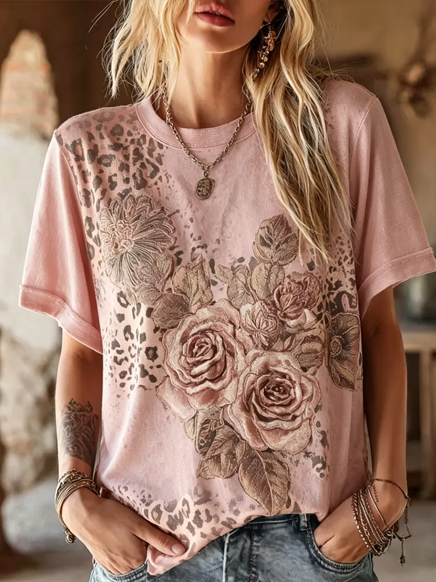 Women's Retro Floral Leopard Print Round Neck Short Sleeved Linen Blend Top