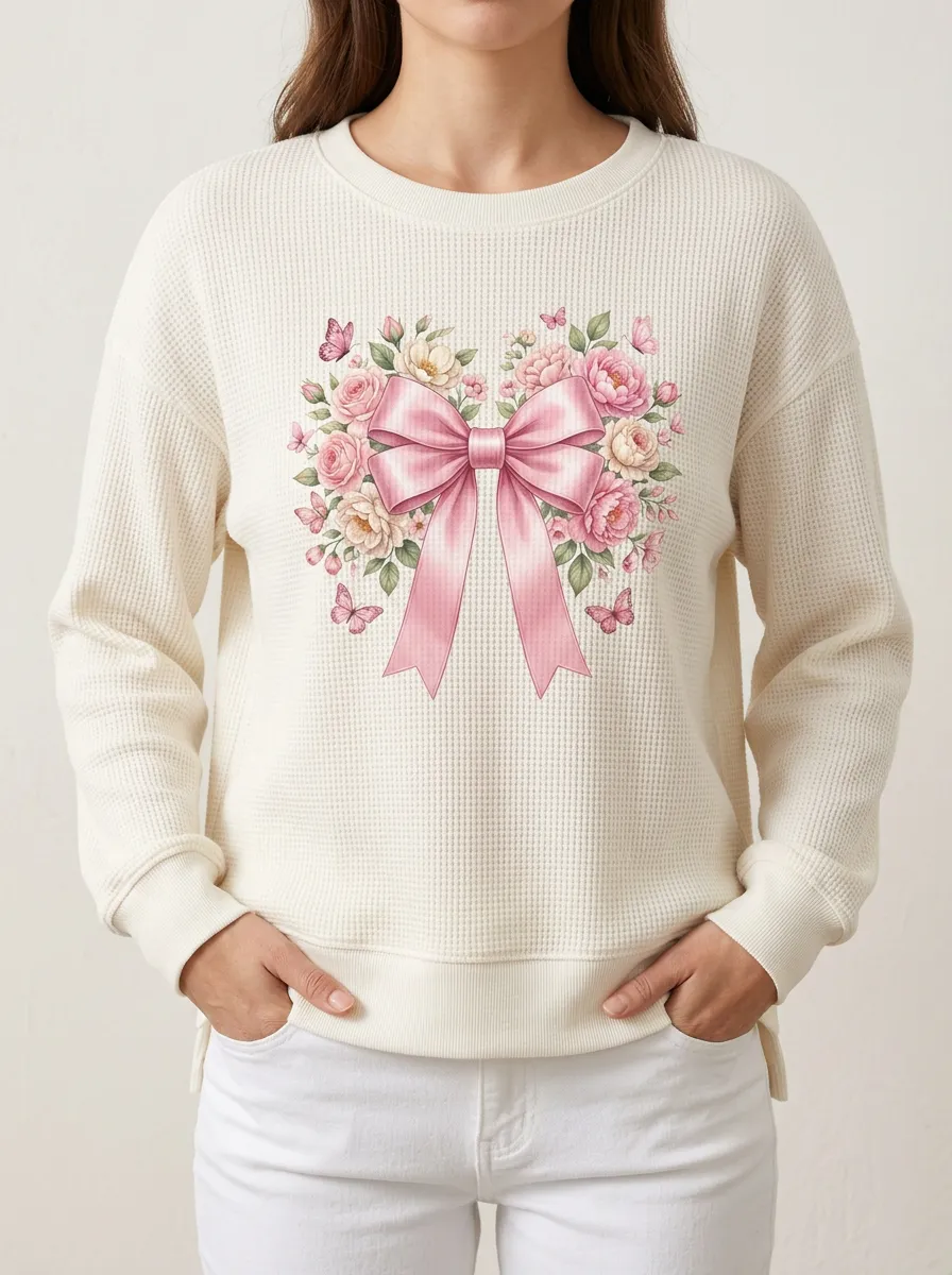 Women's Breast Cancer Awareness Pink Bow Floral Butterfly Printed Sweatshirt