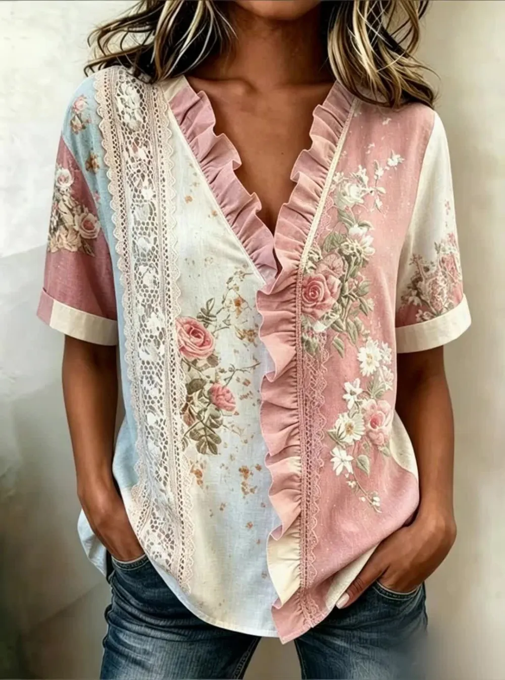 Women's Casual V-Neck Printed Cotton-Linen Top