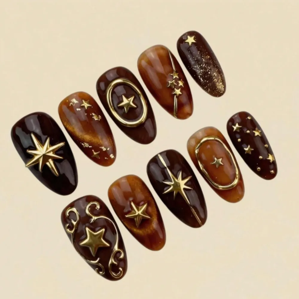 Nailhour 30Pcs Medium Almond Gold Star Press On Nails