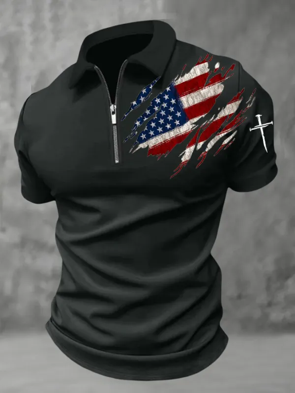 Men'S American Flag Cross Printed Zipper Collar Polo Shirt