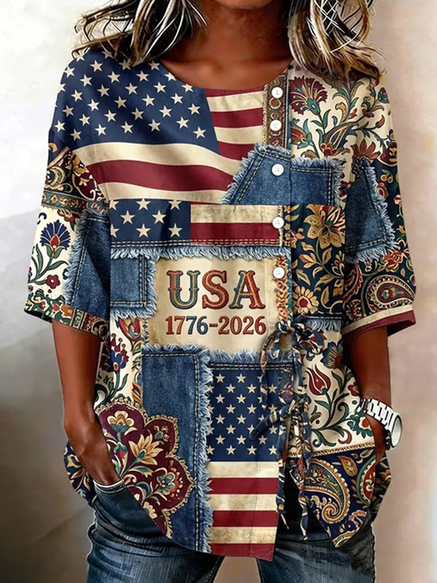 Women'S Retro American Flag Art Round Neck Button Up Shirt