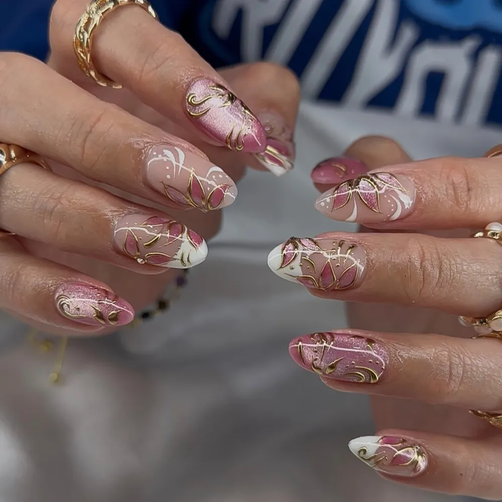 Nailhour 30Pcs Glitter Cat Eye Medium Almond Press On Nails