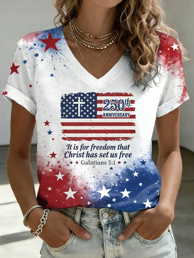 Women'S Flag Independence Day Printed Casual T-Shirt