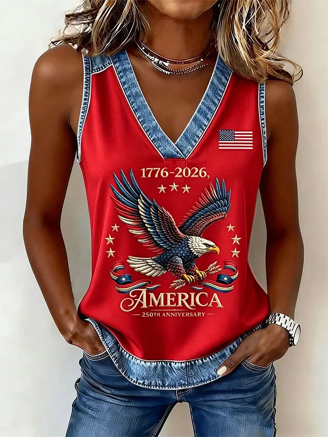 Women'S American Flag Independence Day 250Th Anniversary Printed Sleeveless Top