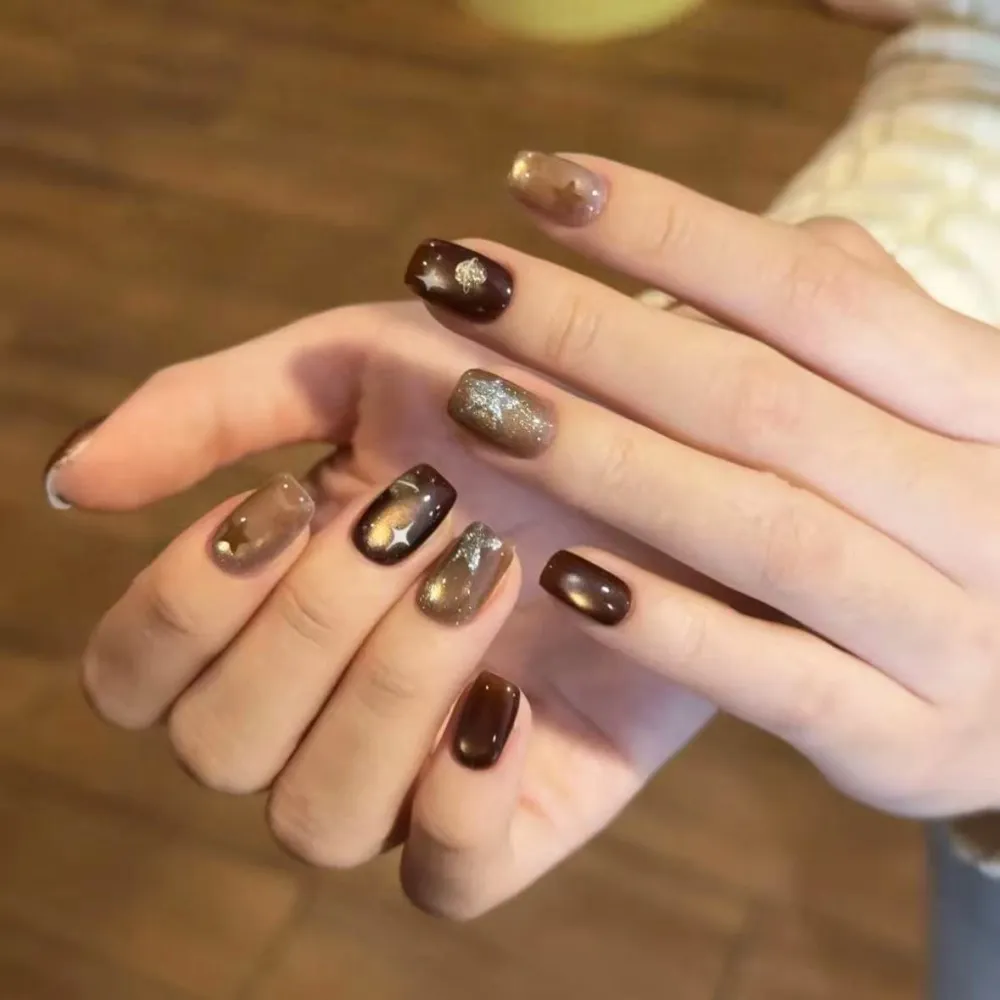 Nailhour 30Pcs Autumn/Winter Brown Medium Square French Press On Nails