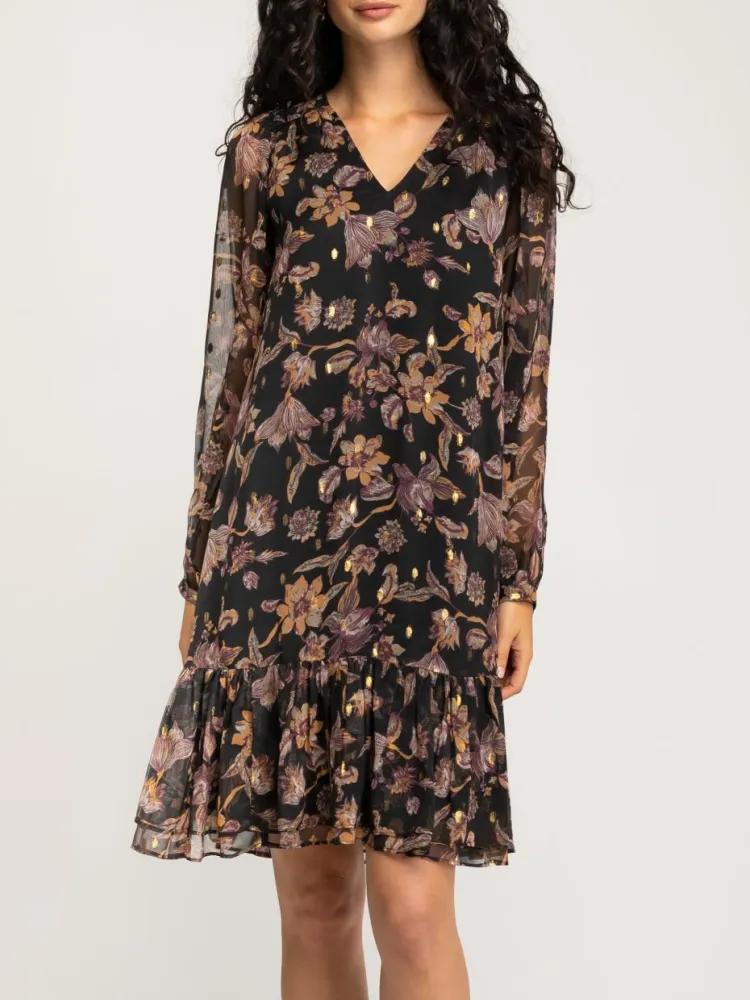 Ruffled V-Neck Print Dress