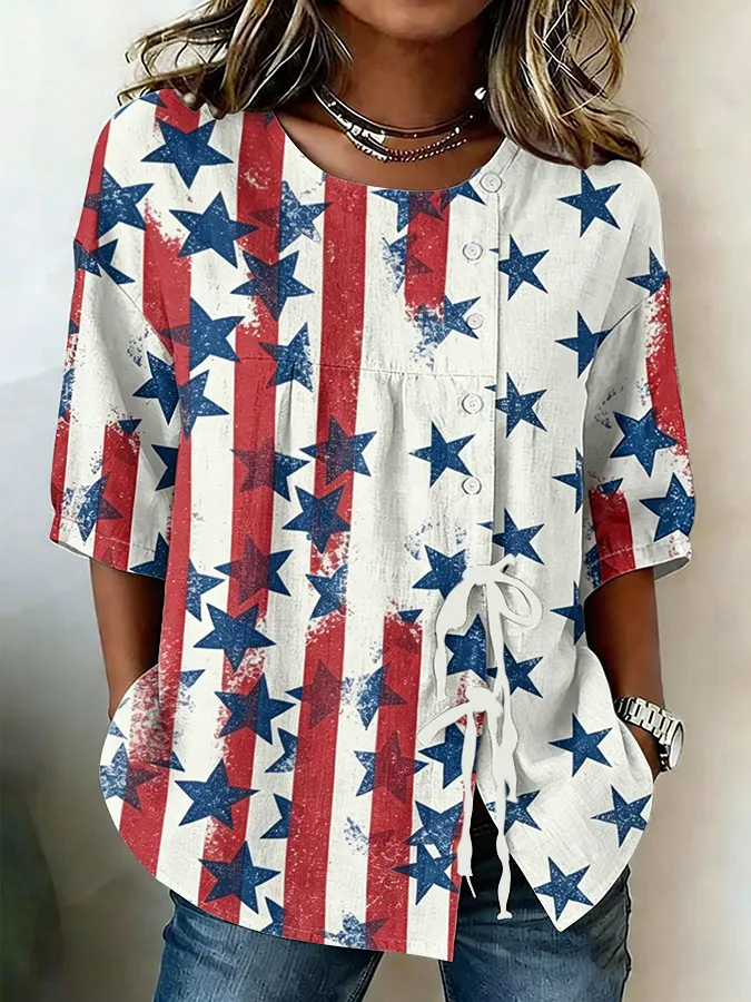 Women's Independence Day Flag & Floral Pattern Casual Tie-front Shirt