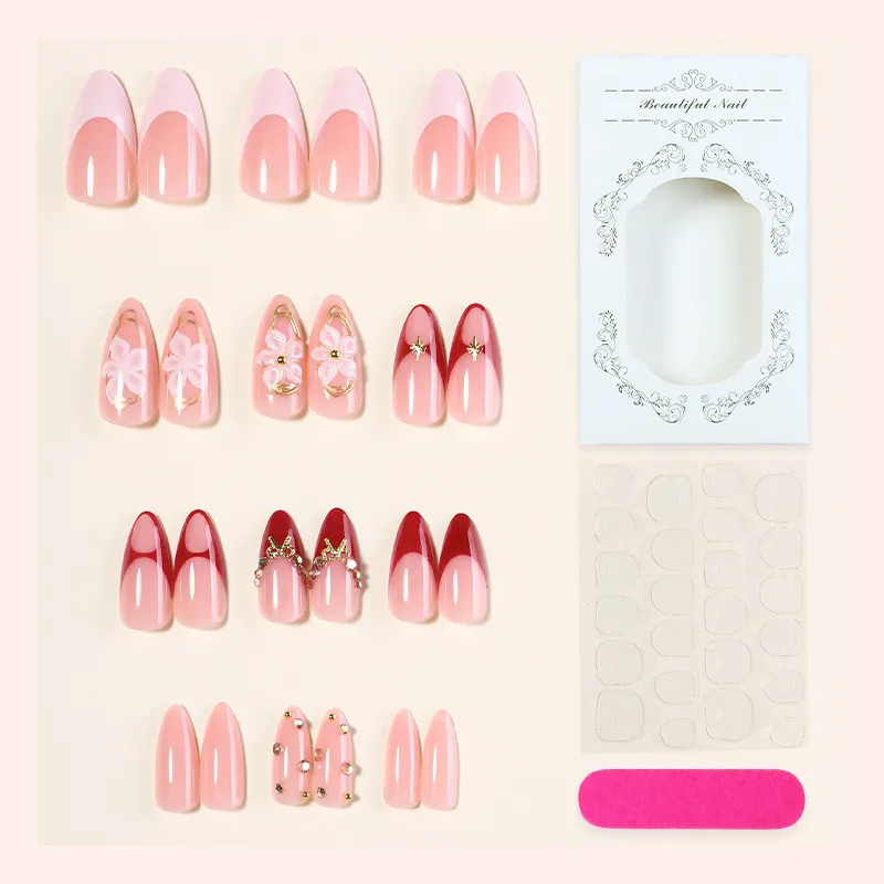 Nailhour 24Pcs 3D French Red Gilding Medium Almond Press On Nails