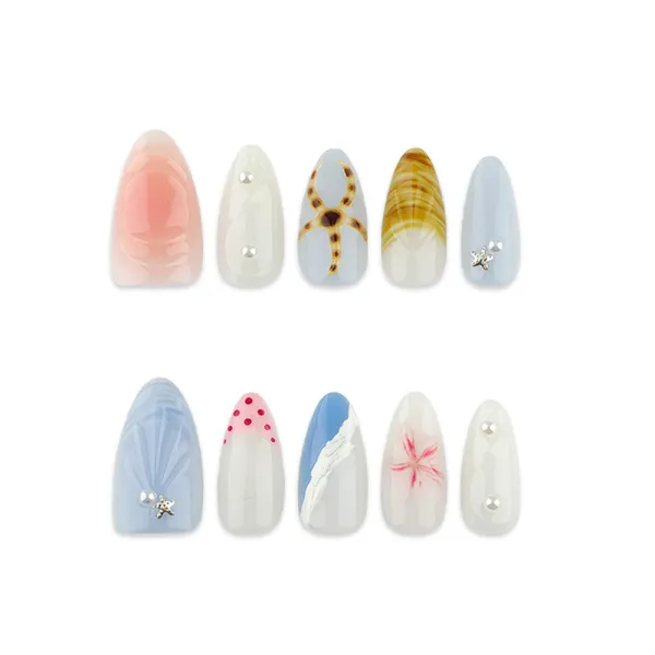 Nailhour 30Pcs Multicolor 3D Ocean Medium Almond Press On Nails