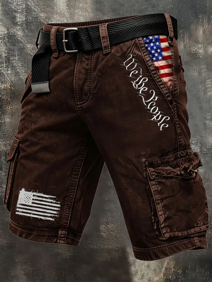 Patriot Retro Outdoor Functional Washed Distressed Denim Shorts