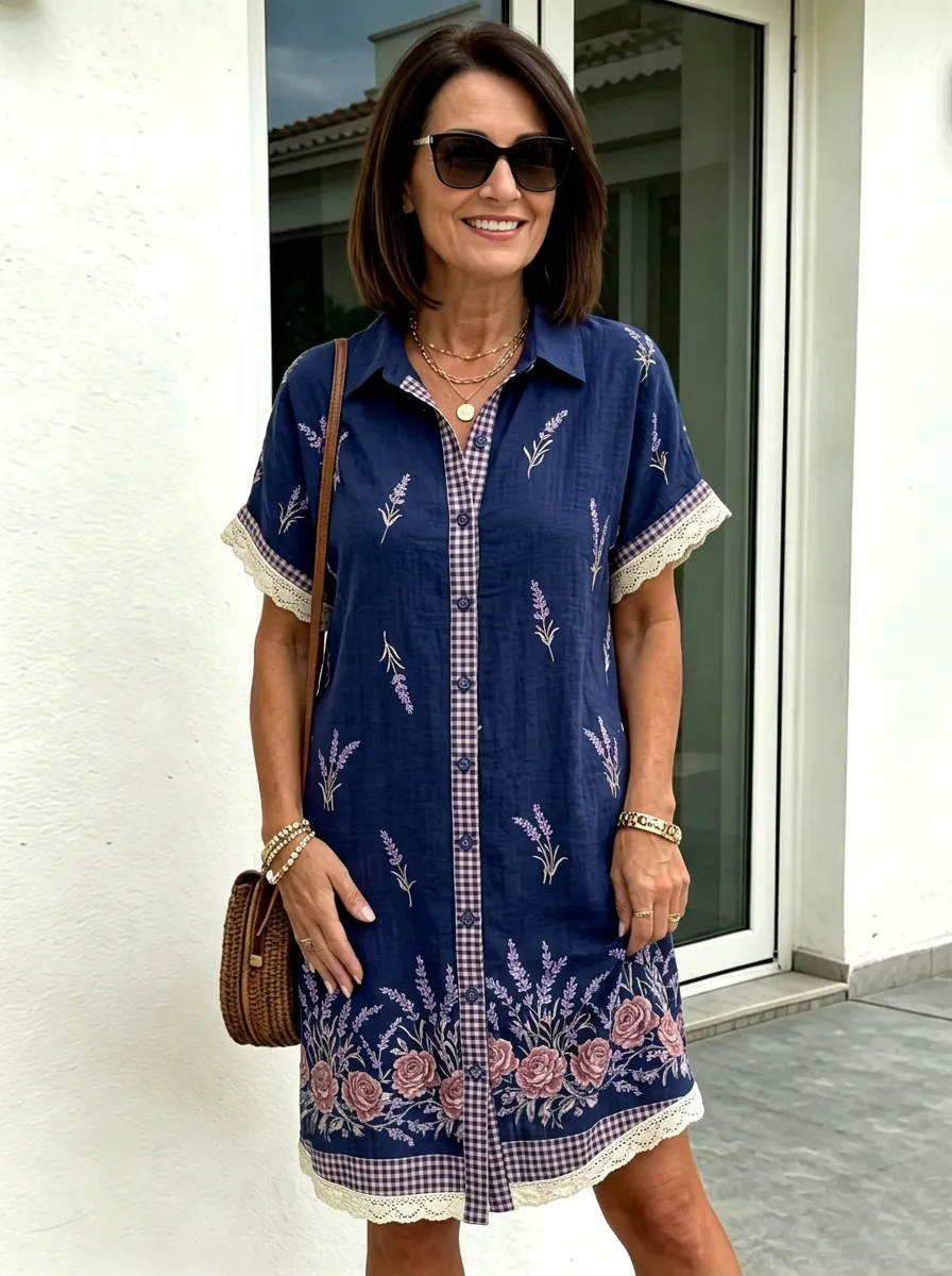 Women's Summer Vacation Lavender Floral Gingham Printed Shirt Dress