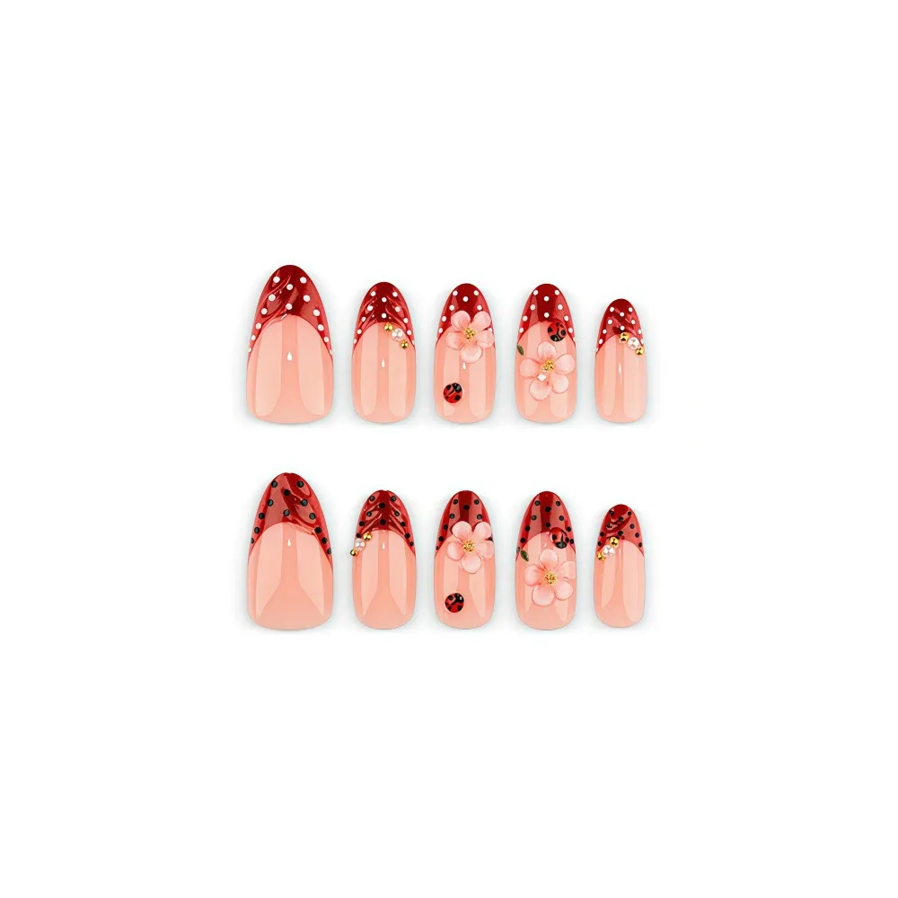 Nailhour 30Pcs Red French Vintage Medium Almond Press On Nails