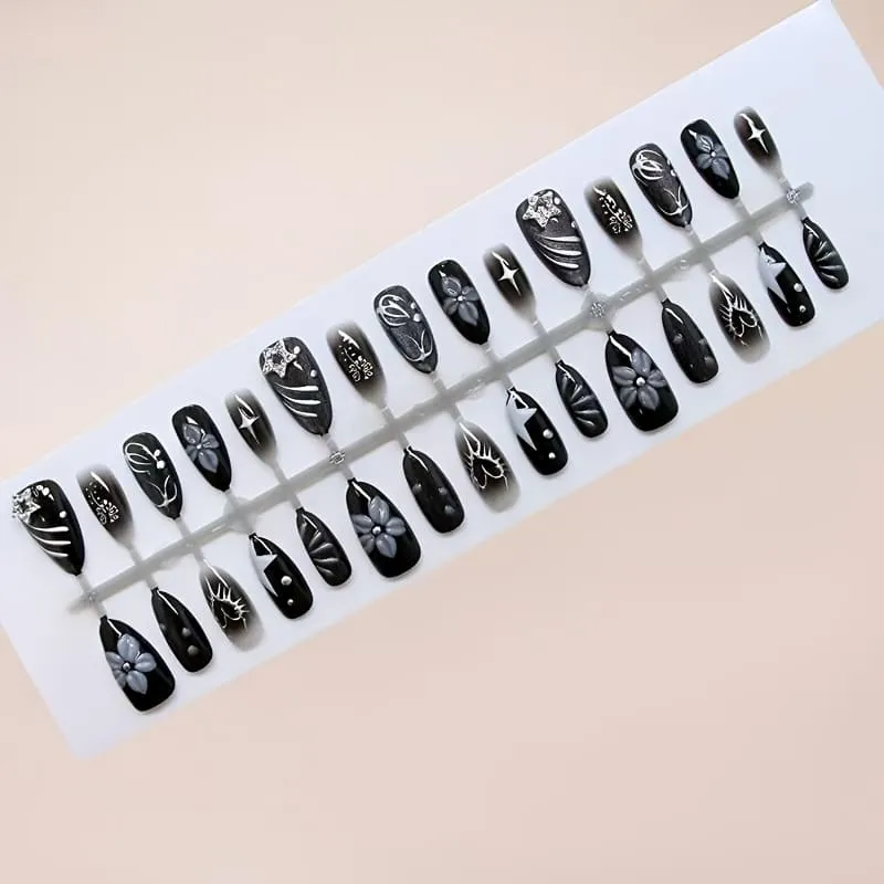 Nailhour 30Pcs Rhinestone 3D Floral Cat Eye Black Medium Almond Press On Nails