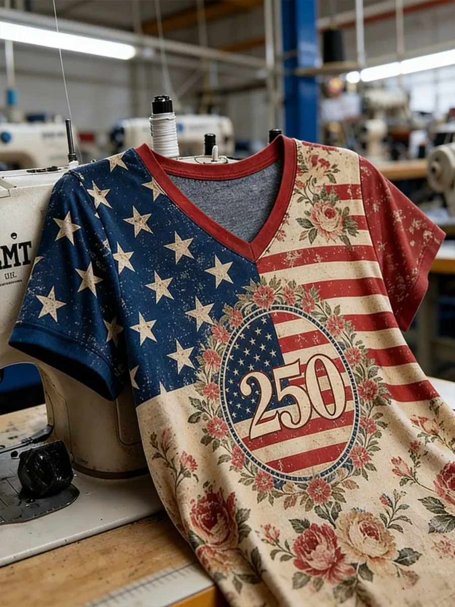 Vintage American Flag Floral Print Women's V-neck T-shirt