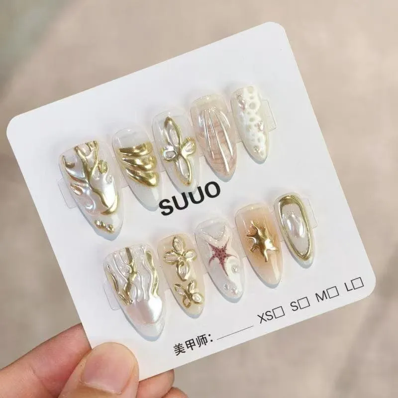 Nailhour 30Pcs Gilded 3D Cat Eye Medium Almond French Press On Nails