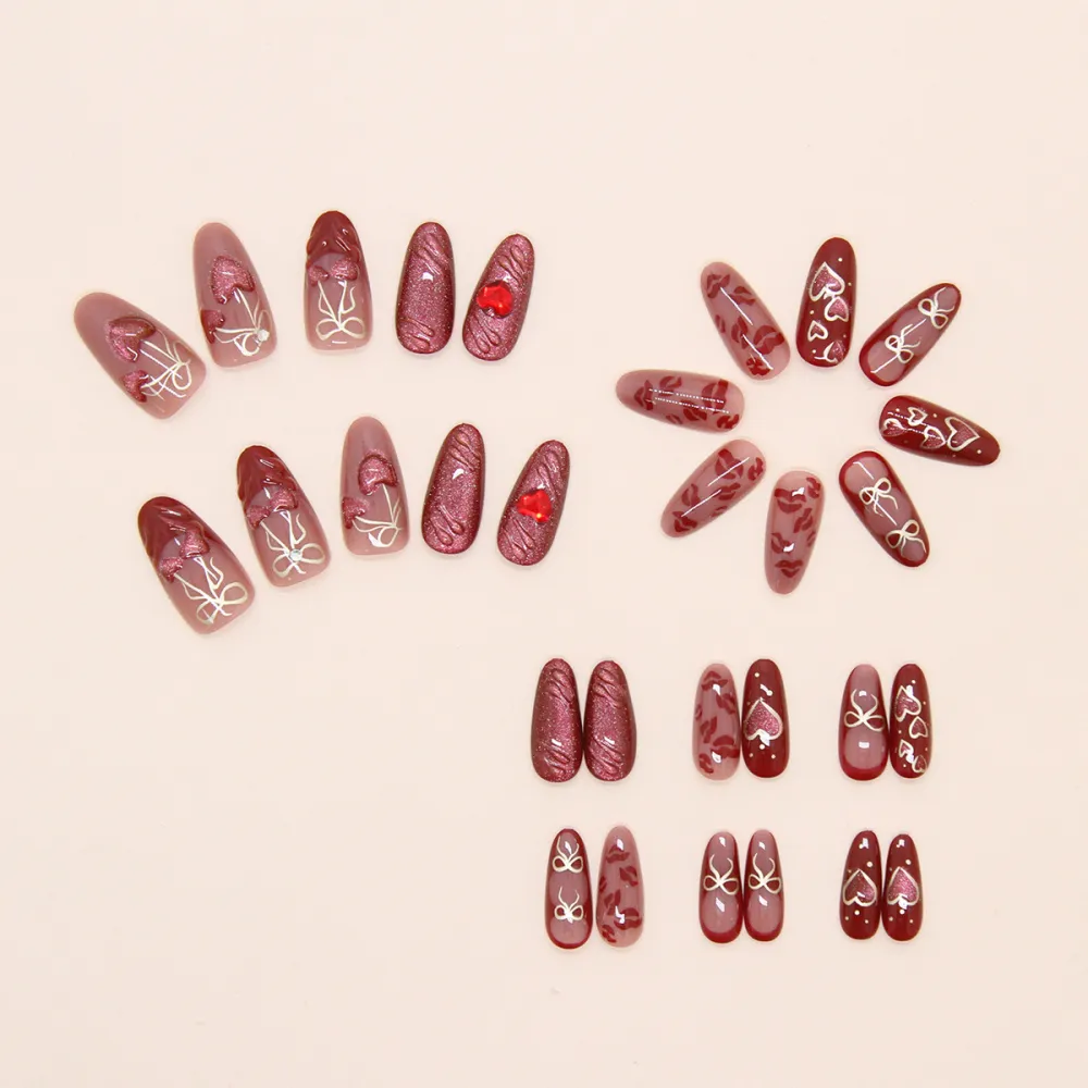 Nailhour Cat Eye Heart Cherry Bow 3D 30Pcs Handmade Red Press On Nails