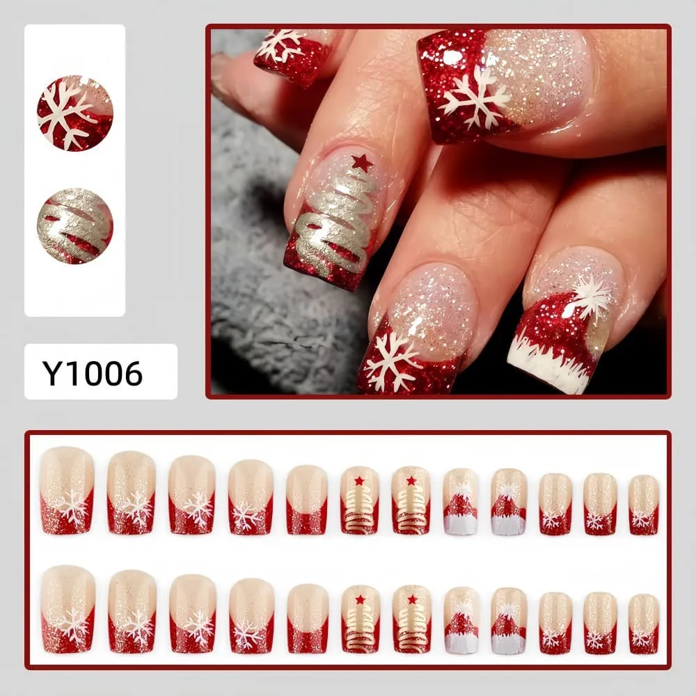 Nailhour 24Pcs Snowflake Medium Square Red French Press On Nails