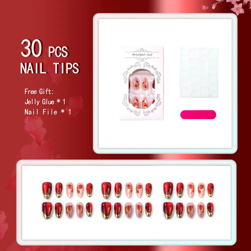 Nailhour 30Pcs Red Cat Eye Gilded Medium Almond Press On Nails