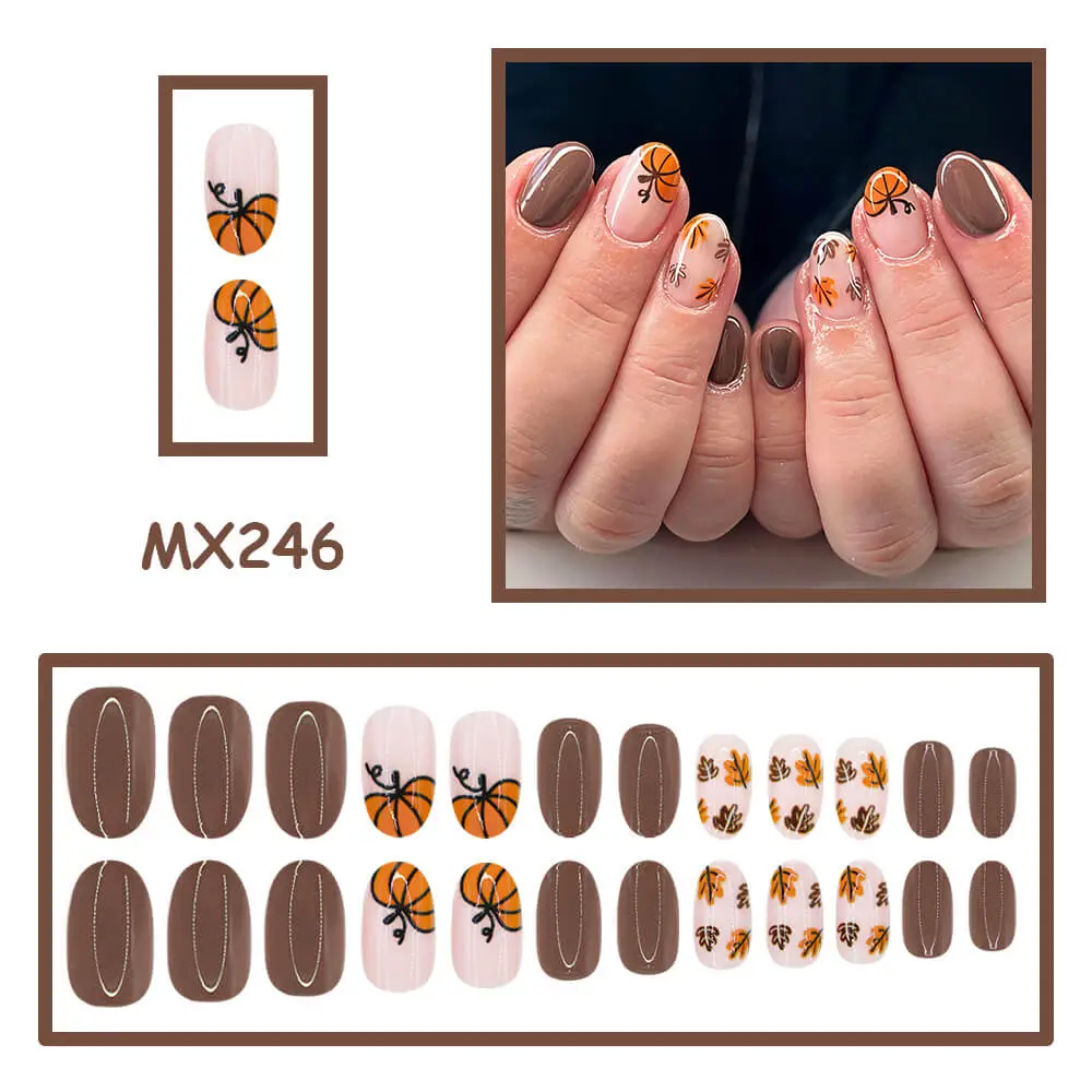 Nailhour 24Pcs Halloween Short Oval Autumn Pumpkin Press On Nails