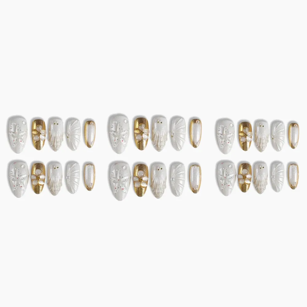 Nailhour 30Pcs French White Gilded Medium Almond Press On Nails