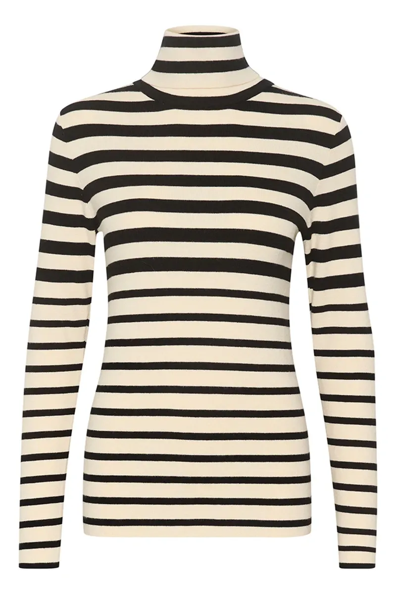 High Neck Striped Long Sleeve Fitted Tops