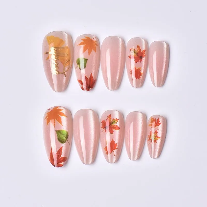 Nailhour 24Pcs Autumn Cat Eye Gilded Medium Almond Press On Nails