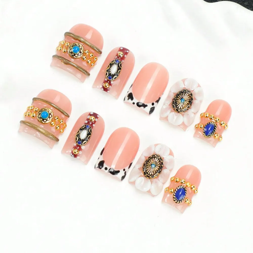 Nailhour 10Pcs Short Square Rhinestone Handmade 3D Gilded Press On Nails