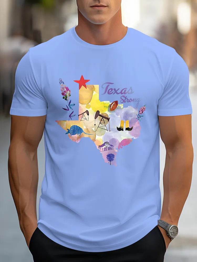 Men'S Casual Style Texas Strong Artistic Pattern Round Neck Slim Fit T-Shirt
