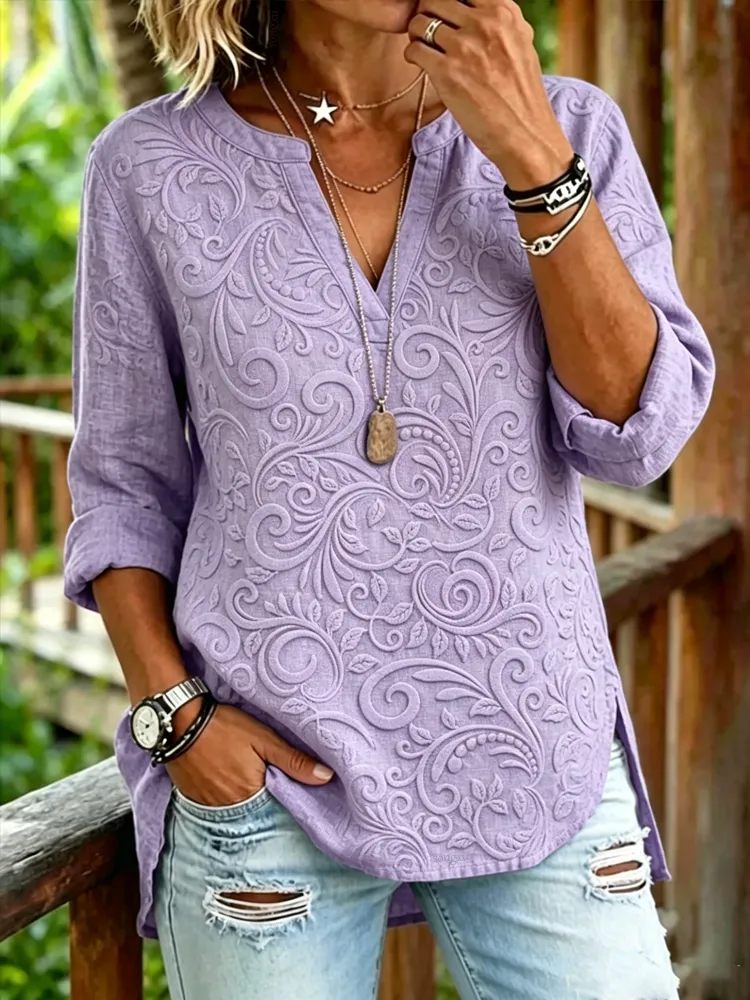 Women'S Casual Floral Embroidered V-Neck Top