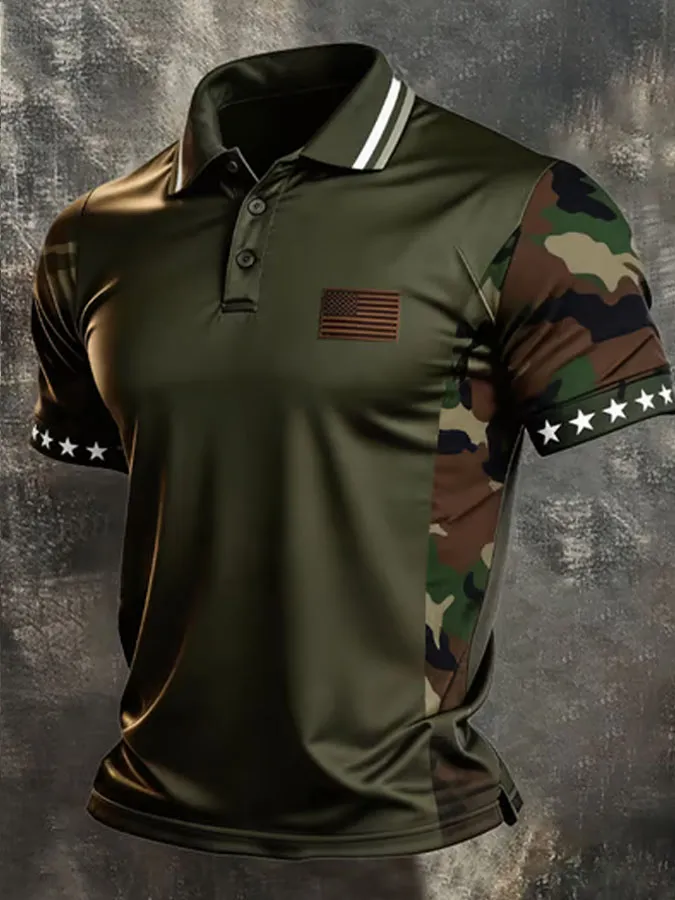Men'S American Flag Print Casual Polo Shirt