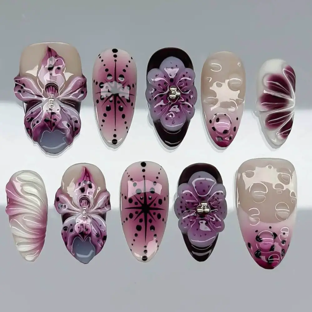 Nailhour 30Pcs Purple 3D Floral Resin Medium Almond Press On Nails