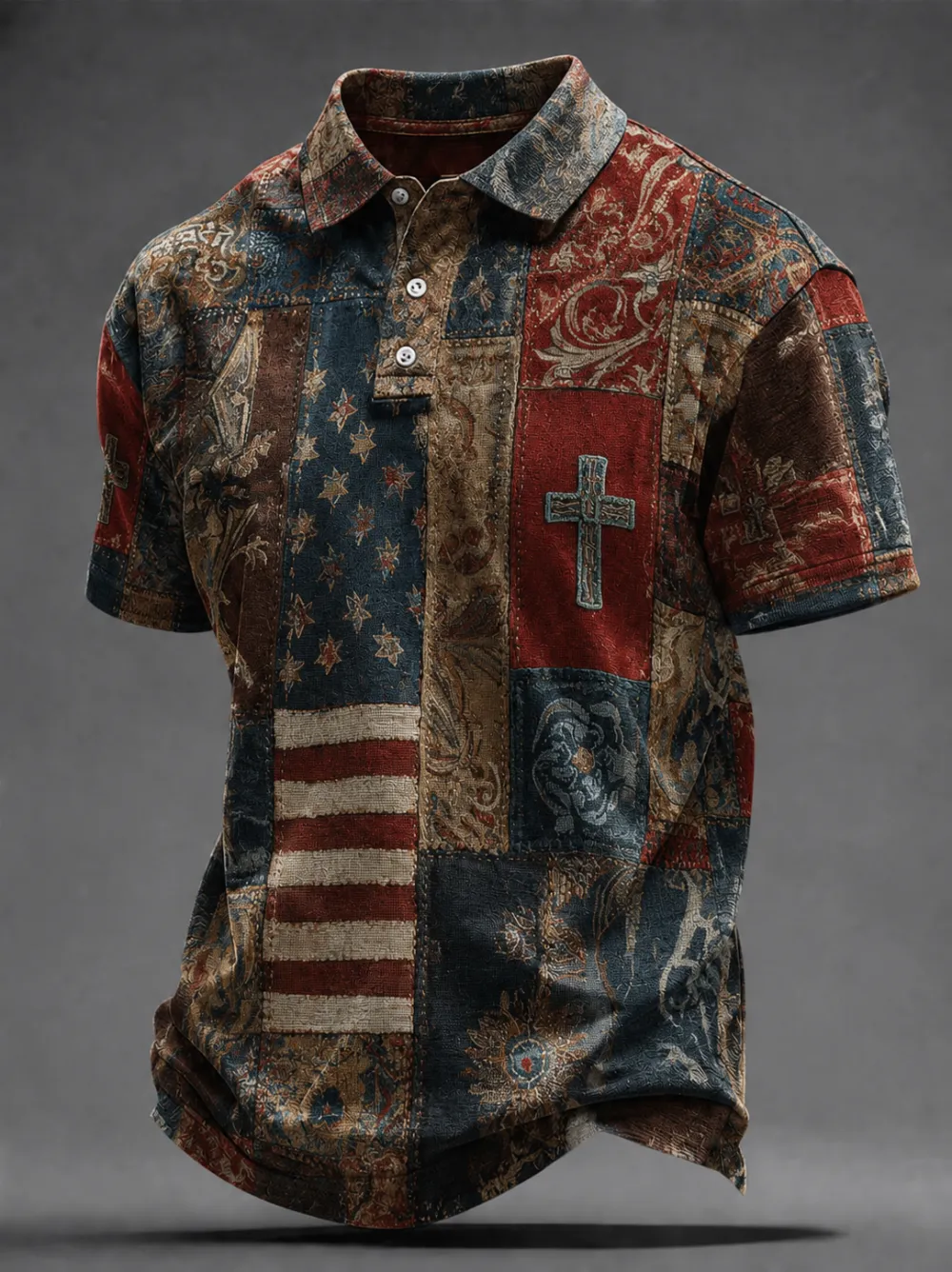 Men'S Retro Faith American Patriots Independence Day 250Th Anniversary Commemorative Lapel Short Sleeved Shirt