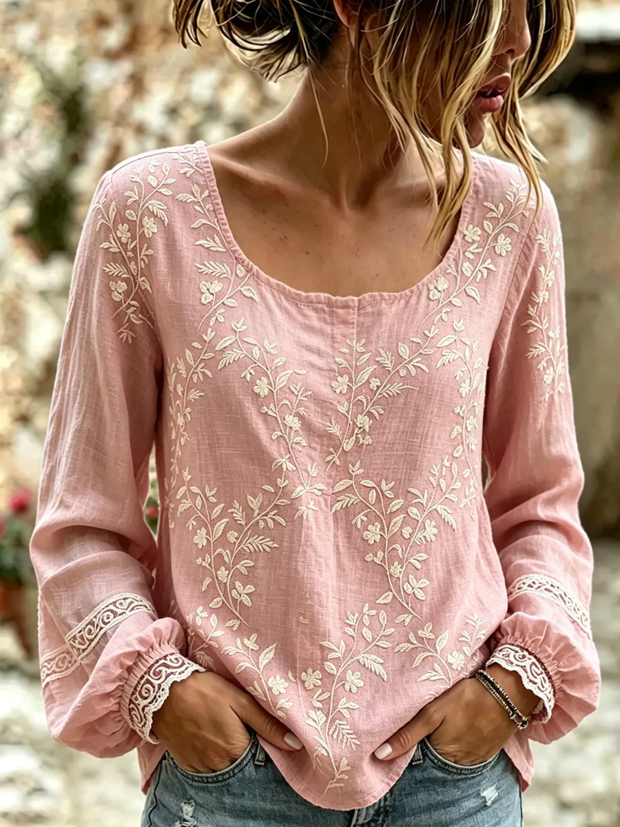Women's Retro Bohemian Style Plant Embroidered Printed T-shirt