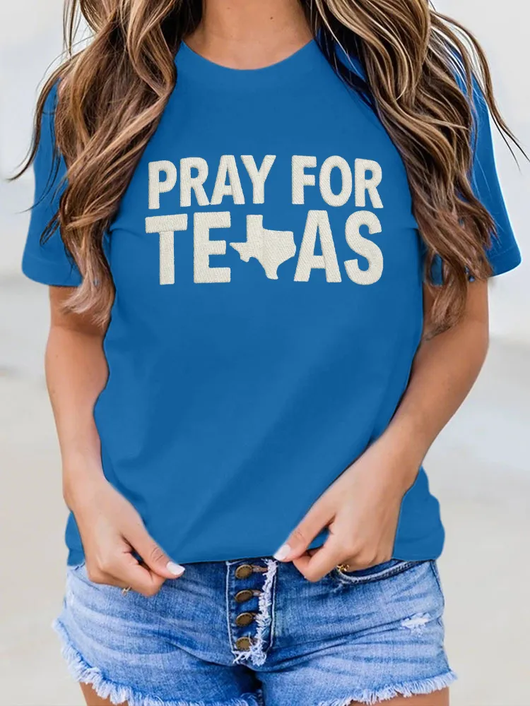 Ladies PPRY FOR TEXAS Simple Letter Print Round Neck Shirt