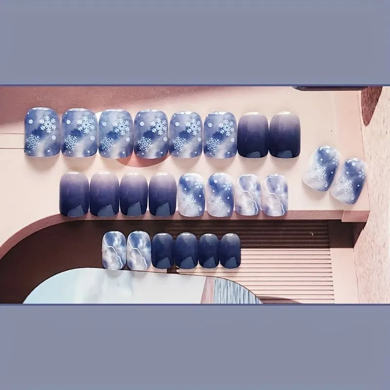 Nailhour 24Pcs French Winter Gradient Romantic Snowflakes Purple Short Square Press On Nails