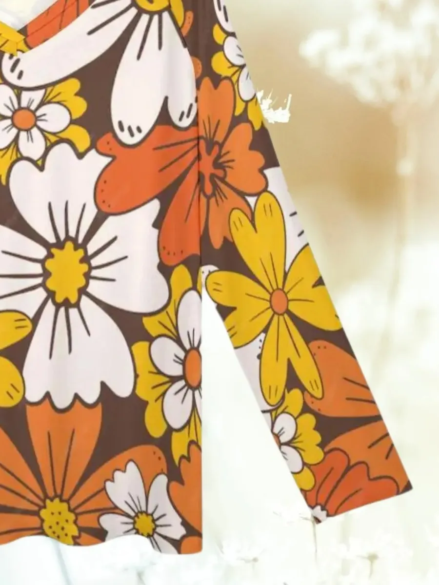 Retro Floral V-Neck T-Shirt