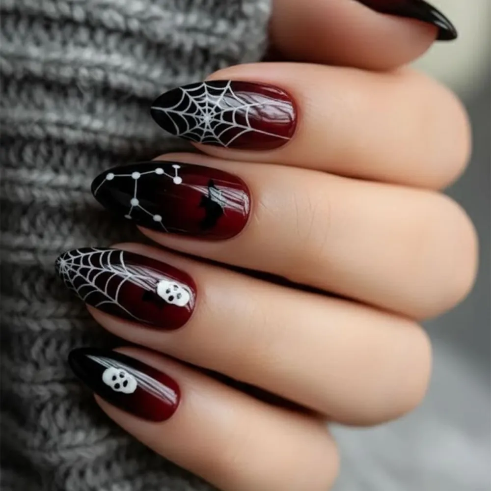 Nailhour 24Pcs Halloween Red Gradient Spider Web Skeleton Short Almond Press On Nails