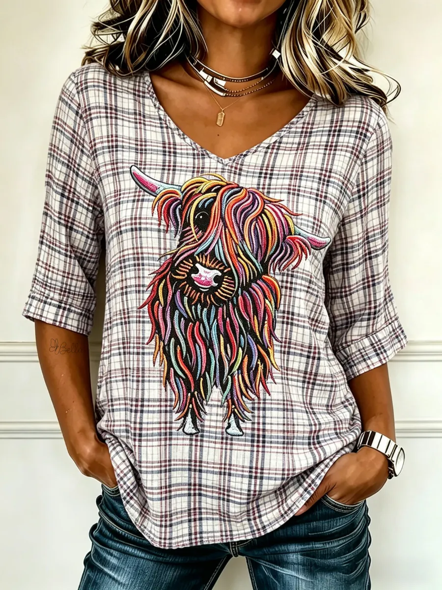 Women's Vintage Scottish Highland Cow Print  Casual Shirt