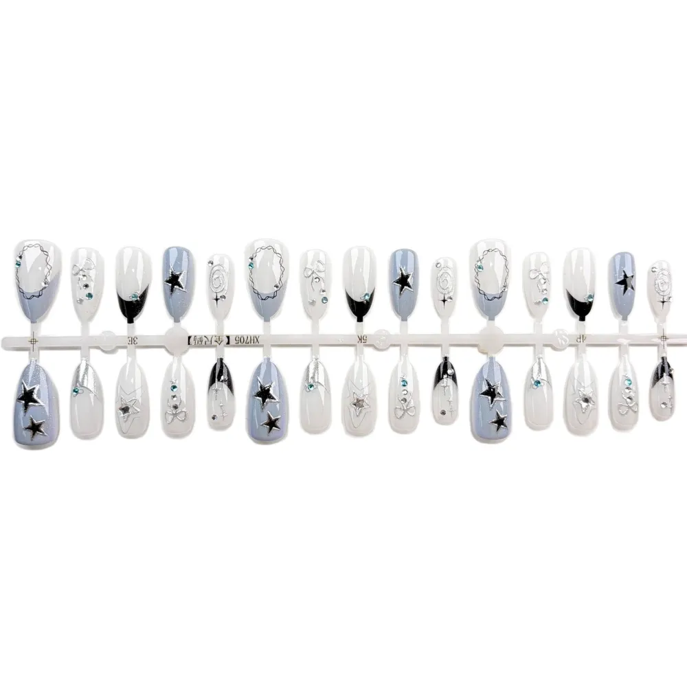 Nailhour 30Pcs Y2K French Gilded Rhinestone Medium Almond Press On Nails