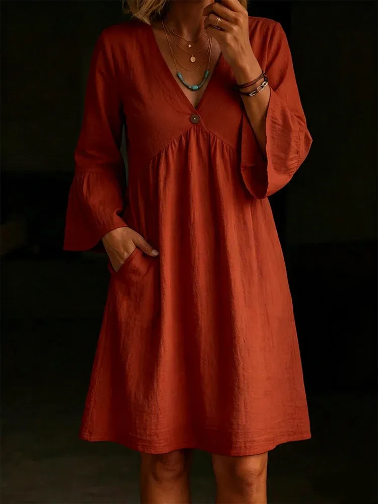 Ladies' Casual Daily Cotton And Linen V-Neck Patchwork Long Sleeved Jumpsuit Half Skirt