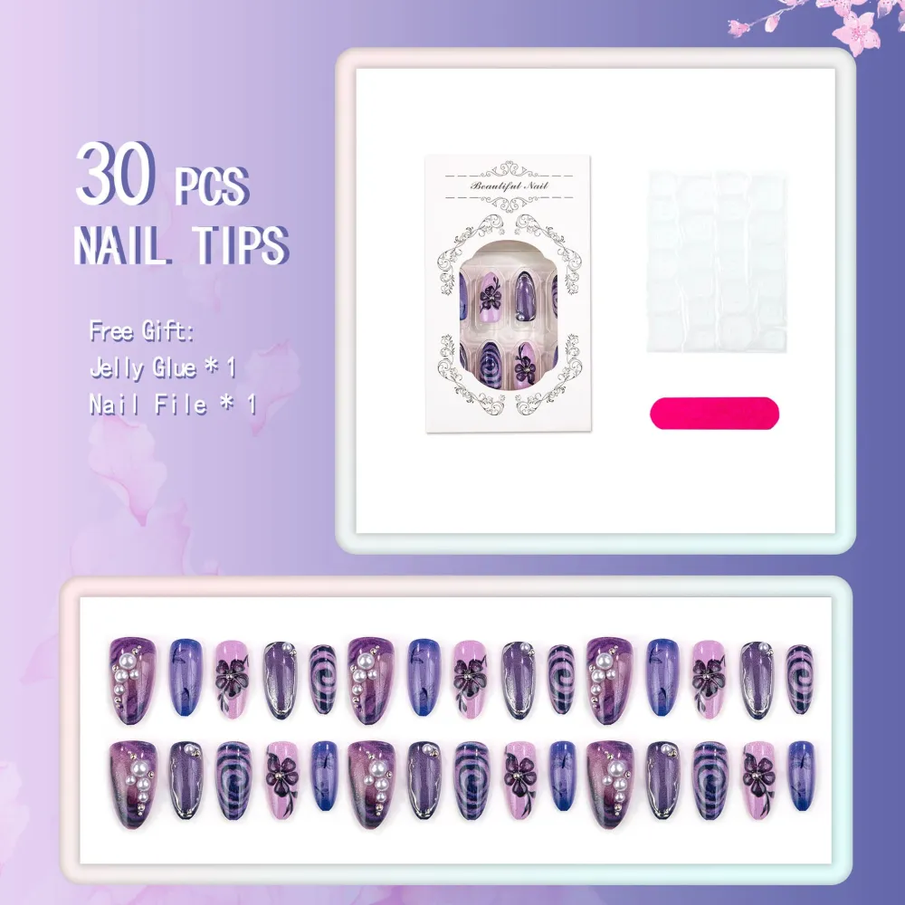 Nailhour 30Pcs Purple Floral 3D Medium Almond French Press On Nails