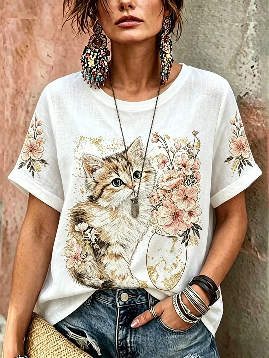 Women's Cute Cat & Floral Art Linen Short Sleeve Shirt