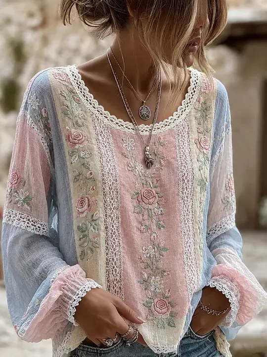 Women's Vintage Rose Embroidery Patchwork Art Long Sleeve T-shirt