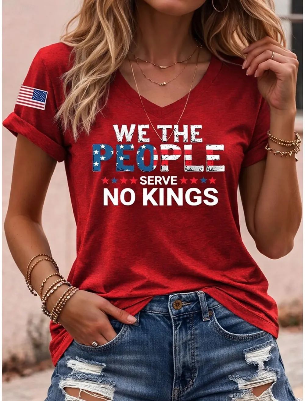Ladies' Casual American 1776-2026 Anniversary Celebration Print V-Neck Short Sleeved Shirt