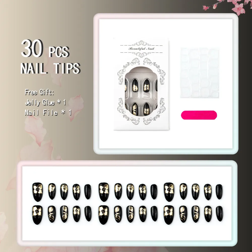 Nailhour 30Pcs Black Gilded Medium Almond Press On Nails