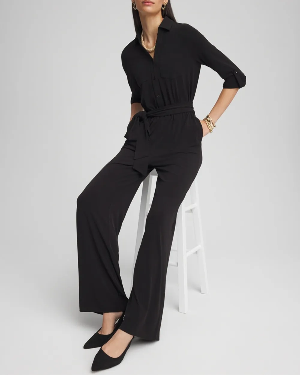 Black Long Sleeve Belted Jumpsuit