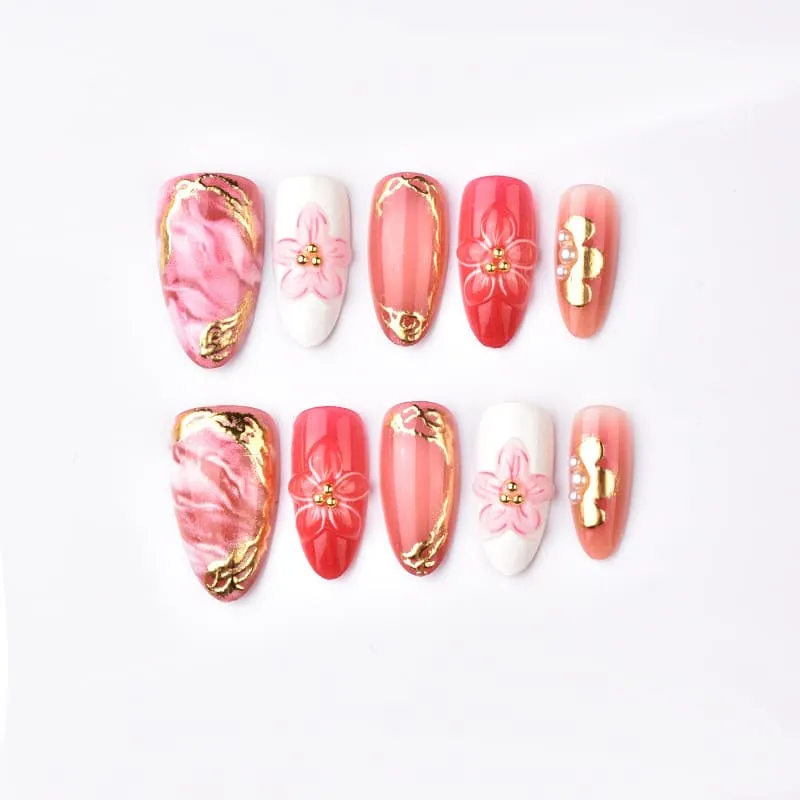 Nailhour 30Pcs Pink Gilded Floral 3D Medium Almond French Press On Nails