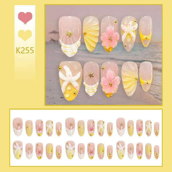 Nailhour 3D Yellow Floral 30Pcs French Summer Press On Nails