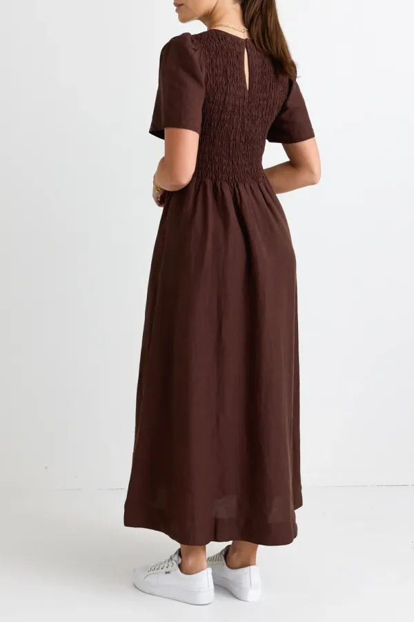 Brown Smocked Pocket Maxi Dress